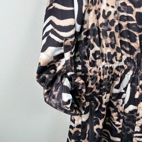 Puli Jacket Size M Black Tan Cinch Waist Zip Snap Animal Print Roll Tab Sleeve - Picture 5 of 13